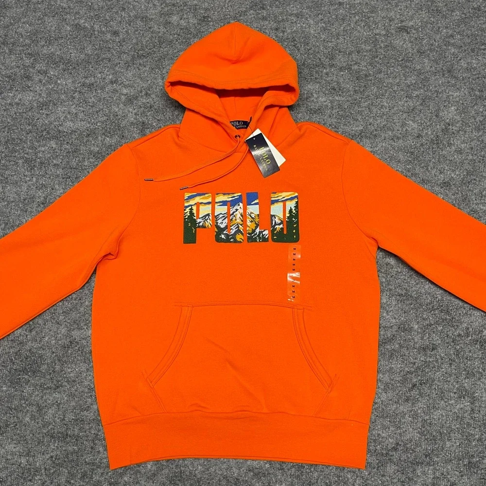 Polo Ralph Lauren Hoodie Mens Medium Orange Expedition Spellout Logo Embroidered